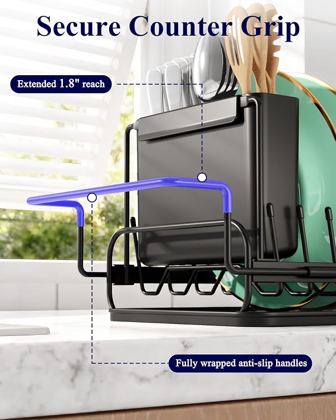 Kitsure Expandable Dish Rack for Kitchen Counter, Medium, Black | Over Sink Or In Sink Dish Drying Rack, Dish Drainer with Cutlery Holder & Drip Tray, 14.0"-20.9"L x 6.3"W x 8.0"H