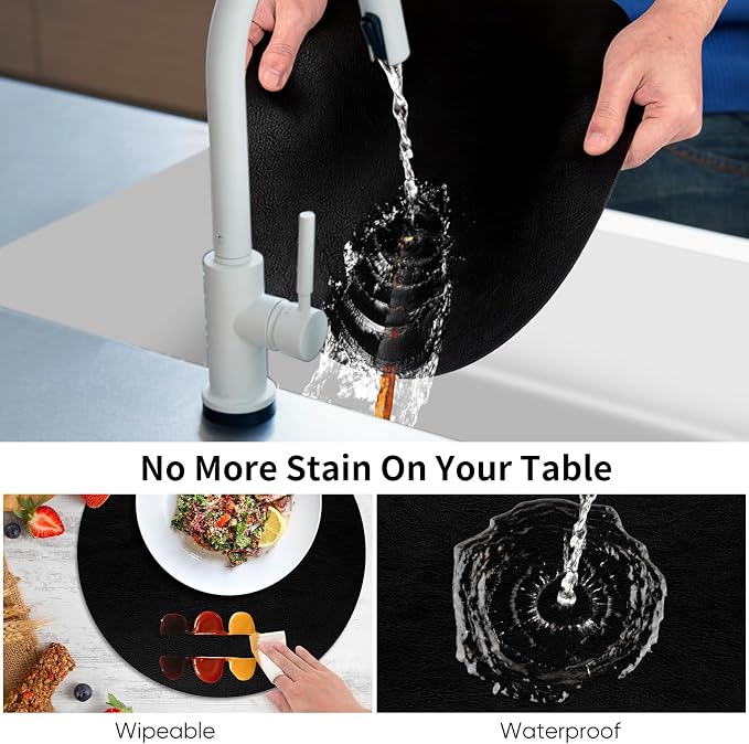 ADRIMER Placemats, Heat Resistant Round Placemats Set of 4 Washable, Waterproof Table Mats, Wipeable Faux Leather Place Mats for Kitchen, Dining Room, Black