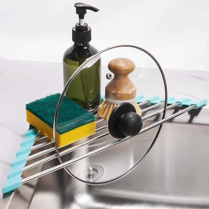 Tomorotec Green Triangle Roll-Up Dish Drying Rack for Sink Corner - Small, Foldable, Stainless Steel, Multipurpose Kitchen Drainer Caddy, Trivet, Rustproof Organizer, Storage Shelf | BPA-Free Food-Grade Silicone Edges Foldable Waterproof Rustproof Heav...