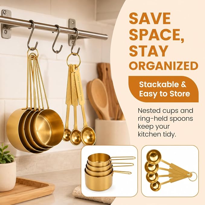 Gold Measuring Cups and Spoons Set, 8 Piece Stainless Steel Measuring Cup and Spoon Set for Baking and Cooking, Stackable Gold Kitchen Measuring Utensils for Dry and Liquid Ingredients