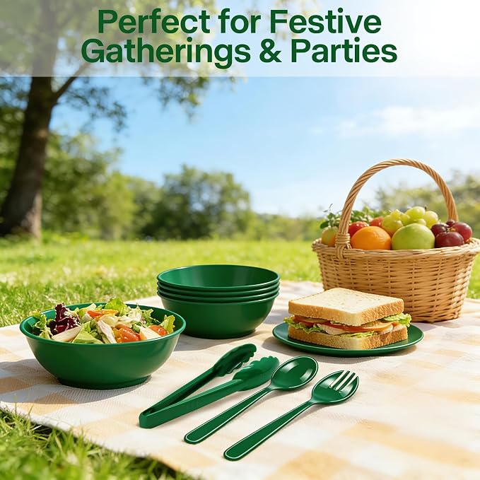 24 Pcs Green Plastic Serving Utensils Set - Heavy Duty Disposable Serving Spoons, Forks & Tongs (8 of Each) - Natural Catering Supplies for Salad Bars, Picnics, Garden Parties & Healthy Themed Events