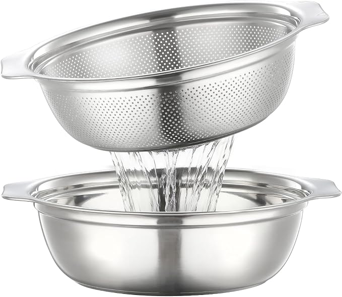 Colander for Kitchen Microporous, 5QT Strainer with Mixing Bowl Large Capacity, Stainless Steel Colander with Handle for Washing Vegetables, Fruit, Rice and Draining Cooked Pasta(2PC)