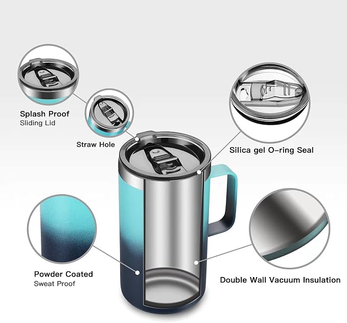KXIAOCHEN 20 oz Insulated Coffee Mug, Coffee Cup with Lid and Wide Handle | 18/8 stainless steel, 6+ hours hot or 12+ hours cold, wide mouth, no-sweat exterior, for office, work, home and camping