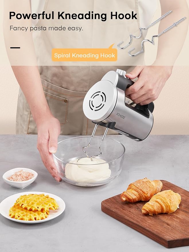 Hand Mixer Electric Handheld, 6 Speed & Turbo Electric Mixer, 300W Handheld Mixer with 2 Stainless Steel Whisk and 2 Dough Hook for Whipping, Mixing Cookies, Brownie, Cakes, Dough Batters, Silver