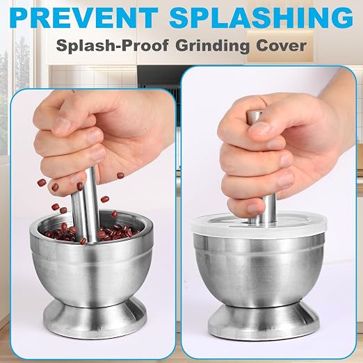 Mortar and Pestle Set, 18/8 Stainless Steel | Non-Slip Base, Food-Grade Stainless Steel Spice Grinder for Grind Spices, Herbs, Pills & Make Pesto – Easy to Clean