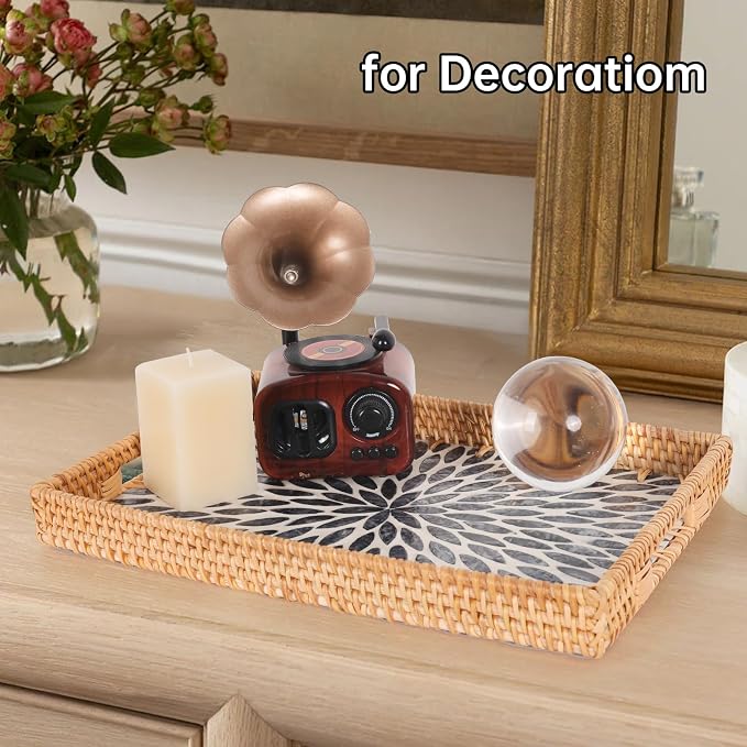 Rectangle Rattan Tray with Mother of Pearl Inlay, Rattan Serving Tray with Handle for Coffee, Bread, Fruits, Snacks, Decorative Wicker Tray for Table Decor (Rectangle Black Leaf, 13"×9")