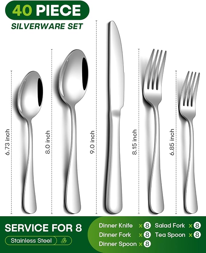 PHILIPALA 40 Piece Silverware Set, Stainless Steel Flatware Set for 8 Food Grade Novelty Flatware Cutlery Utensil Set Include Knife Fork Spoon Mirror Polished Dishwasher Safe