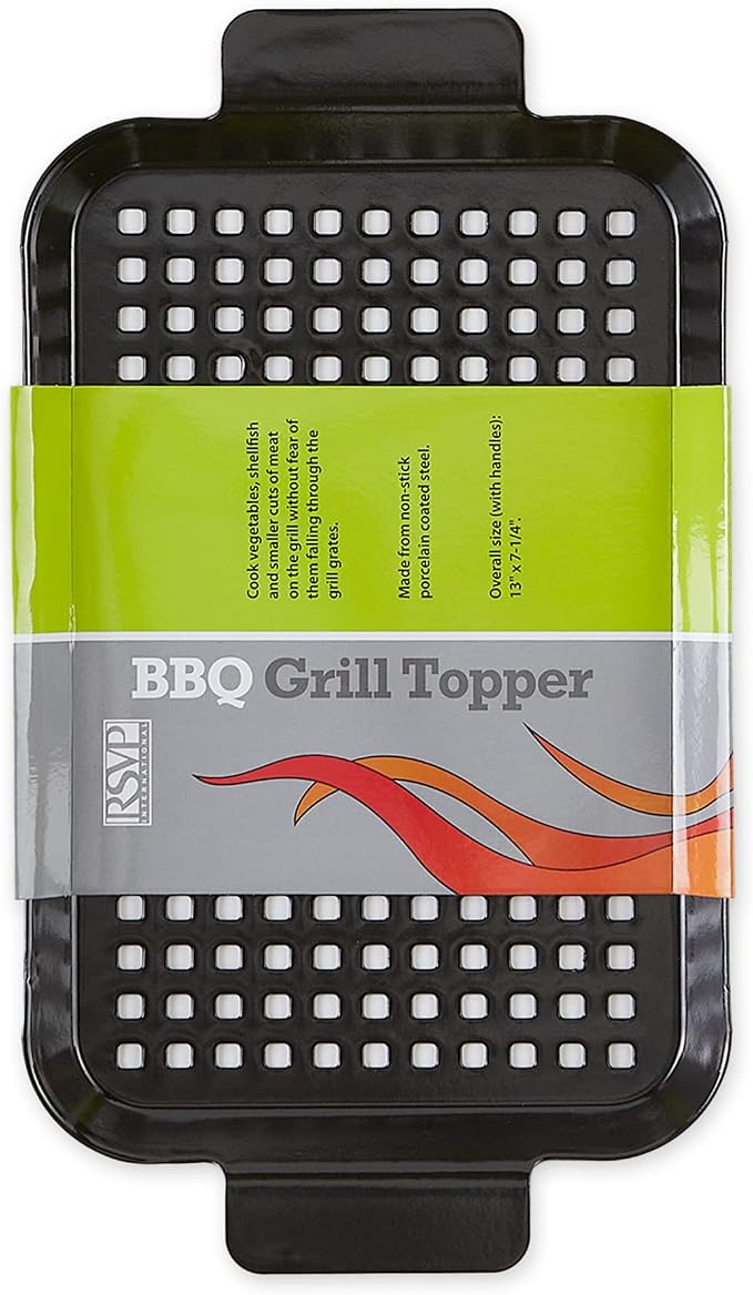 RSVP International Porcelain Coated Steel BBQ Grill Tray/Pan, Outdoor Barbeque Grilling Accessories for Cooking Fish & Vegetables, Dishwasher Safe, Small, 13x7.25"