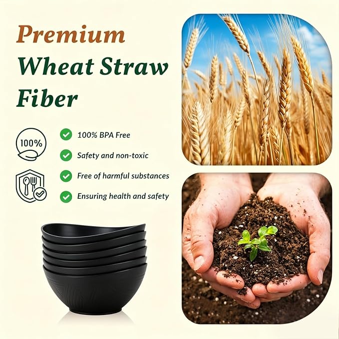 Wheat Straw Bowls Set of 6, 60 OZ Salad Bowl Large Capacity for Soup, Popcorn - Unbreakable Serving Bowl - Microwave & Dishwasher Safe Bowl, Alternative for Plastic Bowls for Kitchen - Black