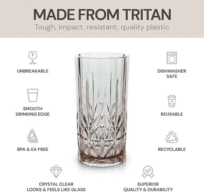 BELLAFORTE Shatterproof Tritan Tall Tumbler, Set of 4, 18oz - Myrtle Beach Drinking Glasses - Unbreakable Plastic Drinking Glasses for Gifting, Parties, New Year - BPA Free - Dishwasher Safe - Gray