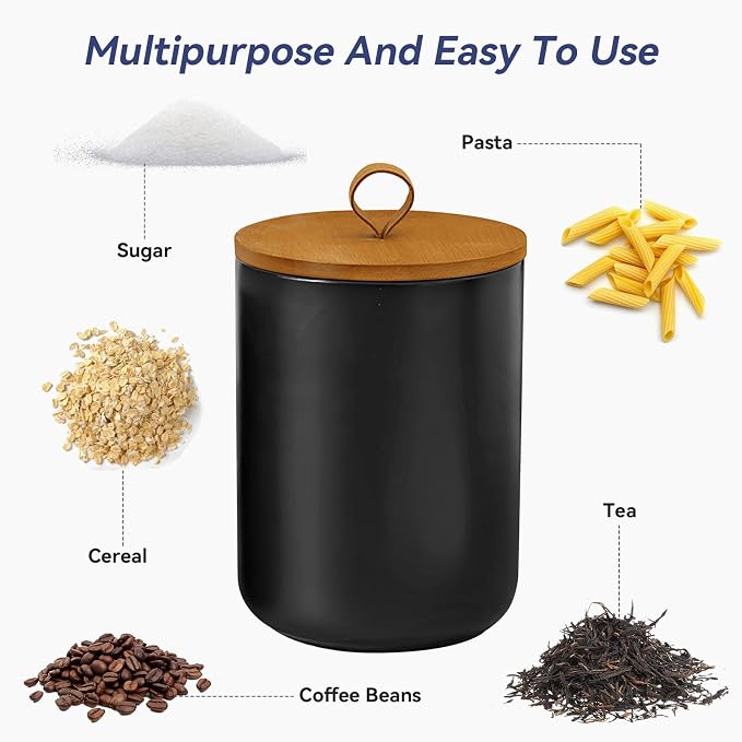 Ceramic Storage Jars, Modern Airtight Canisters with Wooden Lid (Z-three-piece suit in black) | Highly Polished Surface, Small Food Storage, Ideal For Kitchen, Spice, Tea, Sugar, Coffee