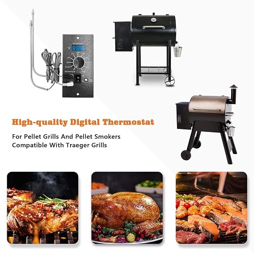 Digital Thermostat Controller Replacement Compatible with Traeger Wood Pellet Grills, with 2-Packs Meat Temperature Probe | 8 Advanced Temperature Levels, Replace BAC365, Color-Coded Wiring for Easy Installation, High accuracy, LED Digital Display