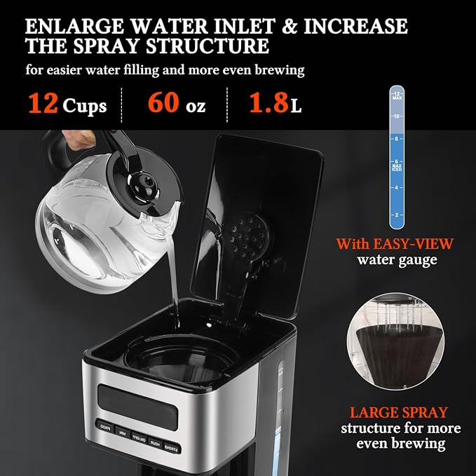 Taylor Swoden Programmable Coffee Makers 12 Cup, Black &Stainless Steel | Hot and Iced Coffee Maker, 4 Brew Strength, LED Display, 24H Timer, Keep Warm&Auto Shutoff- Drip Coffee Machine for Home