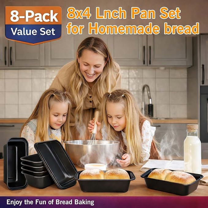 tchrules Loaf Pans 8×4 Inch Carbon Steel Bread Pan Nonstick Baking Set | Even Heat Baking|Oven Safe 450°F|Easy Release Bake|PFOA Free Coating|Warp Resistant Steel|8 Pack Value (Black)