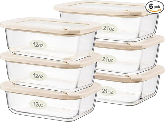 Glass Food Storage Containers with Glass Lids, Microwave Safe Food Container Set, Aitight Meal Prep Container Set, LeakProof, 100% Plastic Free, 6 Pack