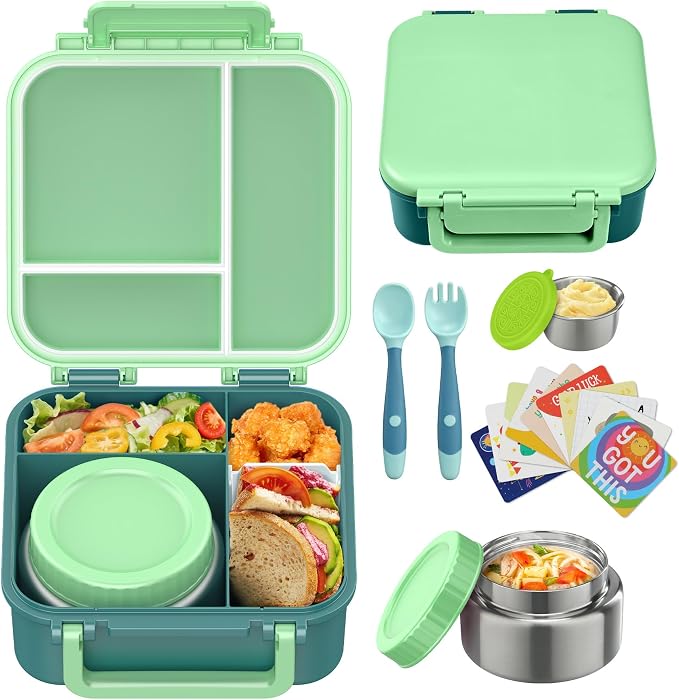 Kids Bento Lunch Box with 9oz Soup Thermo Leakproof Lunch Food Containers 4 Compartment with Insulated Hot Food Jar for Kid Toddler Girls Boys to School, Trvael
