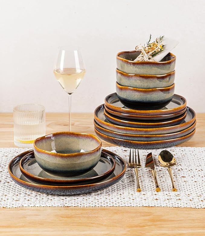 Ceramic Dinnerware Set for 8, 24-Piece Plates and Bowls Set | Handmade Reactive Glaze Dish Set, Scratch Resistant, Oven & Microwave & Dishwasher Safe, Coffee Bean