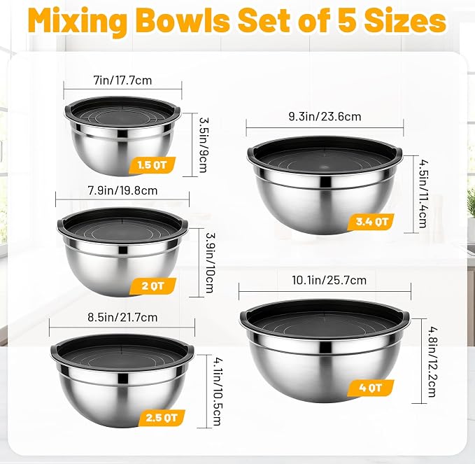 Beasea Mixing Bowls with Lids Set of 5, 1.5/2/2.5/3.4/4/5 QT Stackable Nesting Stainless Steel Bowls with Lids, for Meal Prepping, Salad, Food Serving, Baking Set for Dough, Cream, Batter