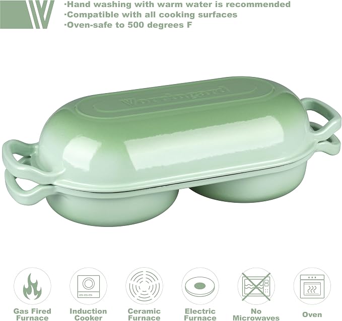 Enameled Cast Iron Double Dutch Oven with Lid, Dual Round Loaf Pan, Bread pan for Homemade Sourdough Bread Baking, Green
