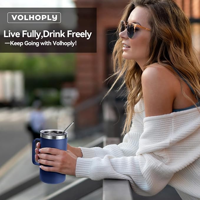 Volhoply 22oz Insulated Stainless Steel Coffee Mugs with Leakproof Lid Bulk 2 Pack,Double Wall Vacuum Travel Coffee Cup with Handle,Reusable Metal Tumbler,Camping Mug Keep Hot&Cold(Navy,2)