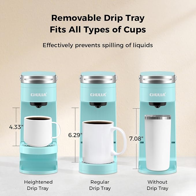 CHULUX Slim Single Serve Coffee Maker, Lightweight Pod Coffee Machine, Cyan | Fast-Heating Boiler System, 4-Hole Needle for Richer Flavor, Adjustable Drip Tray for 7.3" Travel Mug, Food Grade Material
