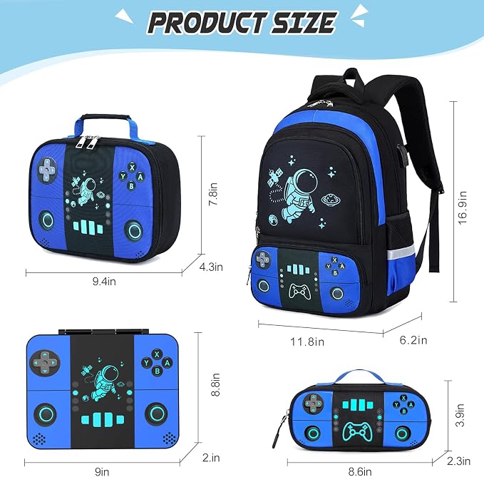 Backpack for School Boys, Cool Luminous Gamer Boys Schoolbag | with Lunch Box & Pencil Case Set for Kids Teens Elementary Middle School, Bookbag Glow In The Dark