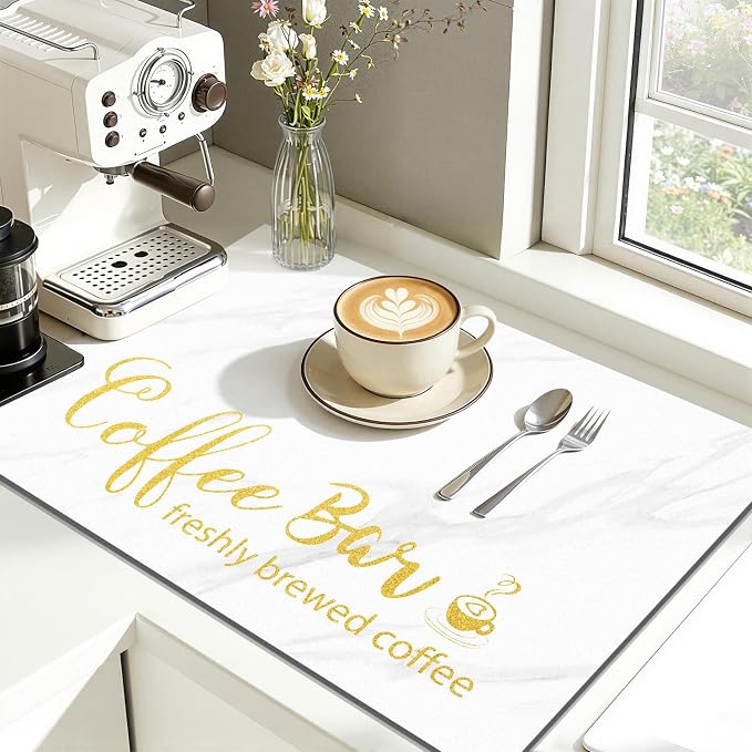 Findosom Dish Drying Mat, 18" x 24" Super Absorbent & Hide Stain Coffee Mat, Cuttable Drying Mat for Kitchen Counter, Coffee Bar Accessories, Under Dish Rack, Coffee Maker, Espresso Machine, White