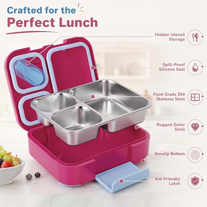 Bento Lunch Box for Kids, 3 Compartment 304 Stainless Steel Food Container with Handle & Spork, Kids Lunch Box Fits Ice Pack, BPA-Free, Rose Red