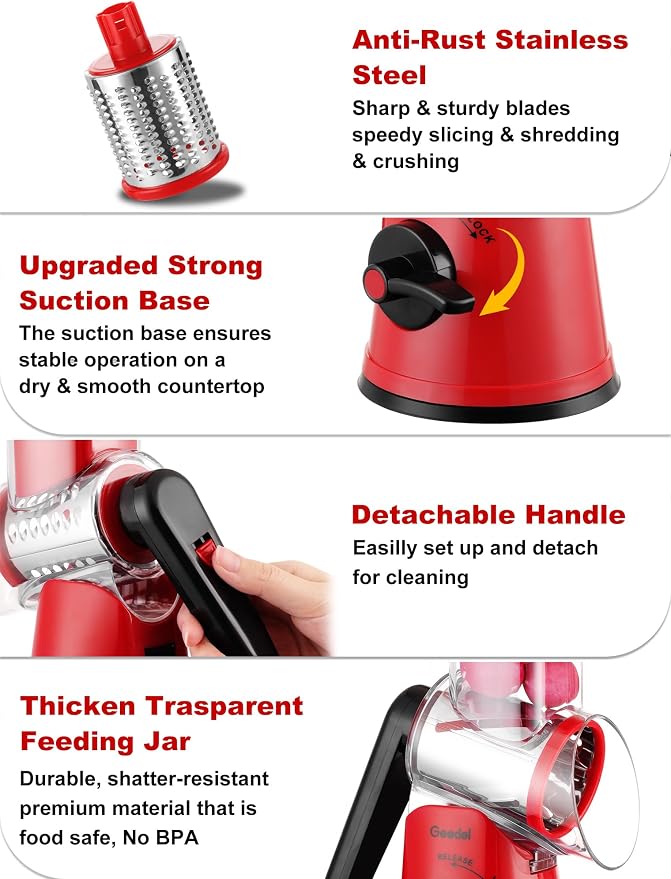 Geedel Upgraded Rotary Cheese Grater, 5 in 1 Cheese Shredder Veggie Slicer | Non-slip Suction Base, 430 Stainless Steel, No BPA, Dishwasher Safe, for Cheese Shredding, Wavy Slicing, Ice Shaving