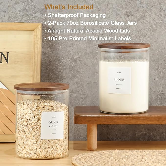 2 Pack Glass Containers with Acacia Lids, 70oz Pantry Airtight Storage Jars | Large Kitchen Canisters with 105 Labels, Pantry Food Storage Containers with Wood Lids for Pasta, Flour, Rice, Cereal