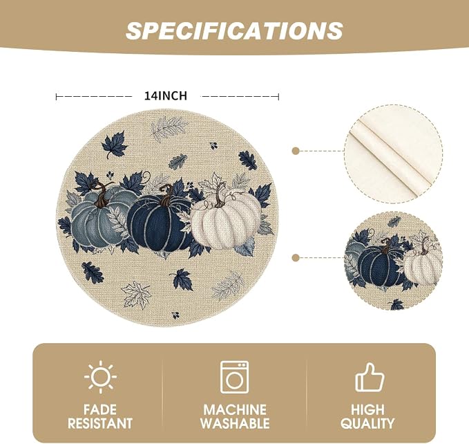 Artoid Mode Navy Blue Pumpkins Round Fall Placemats Set of 4-14 Inch | Heat-Resistant, Washable Table Mats, Seasonal Autumn Kitchen Dining Decor
