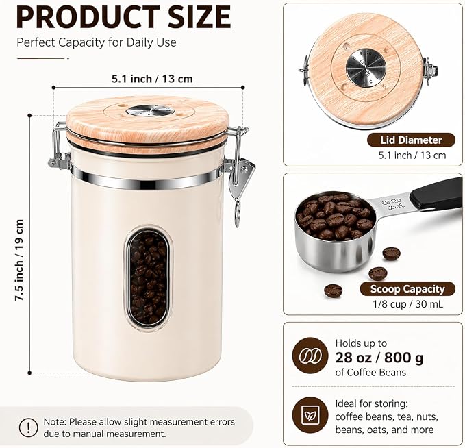 22oz Coffee Canister Airtight Stainless Steel Coffee Bean Storage Container with Date Tracker & Window, One-Way CO2 Valve, Metal Scoop, Kitchen Food Storage Jar for Coffee Beans Tea Sugar Rice