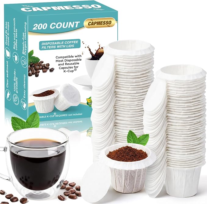 CAPMESSO Disposable Coffee Filters with Lid Kerig Paper Filter for Reusable Single Serve Pods Compatible with Keurg 2.0 & 1.0 Coffee Maker (White, 200)