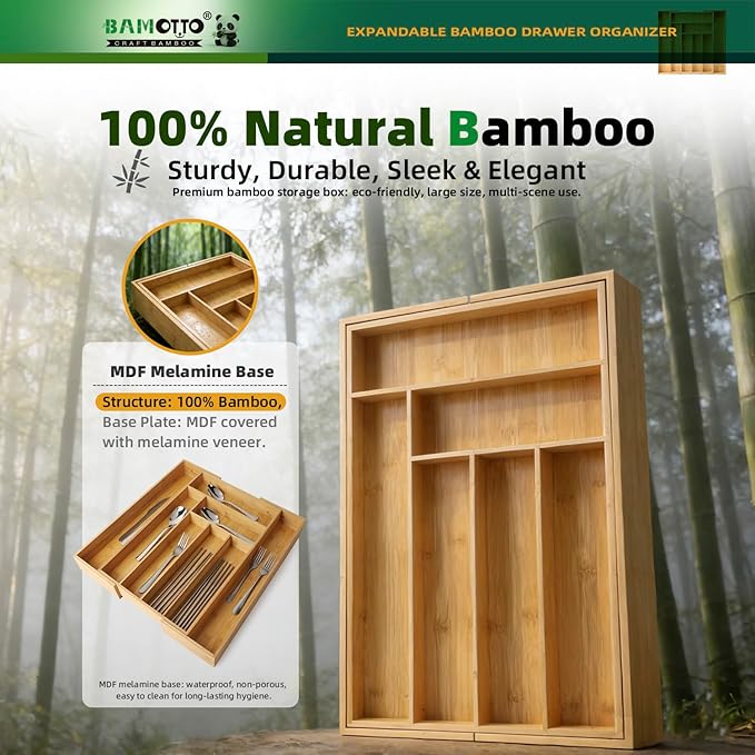 BAMOTTO CRAFTBAMBOO Expandable Bamboo Drawer Organizer for Kitchen, 8 Slot | Silverware & Cutlery Tray | Utensil Holder | 12.8"–20" Adjustable | Office & Bathroom | Flatware Organizer