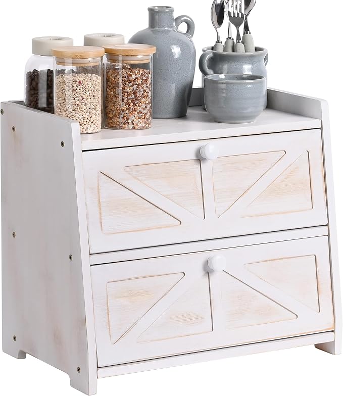 Bamboo Corner Bread Box for Kitchen Countertop 2-Tier White | Farmhouse Bread Storage Container, Large Pantry Organizers for Homemade Snacks, Loaves, Breathable Keeps Bread Fresh