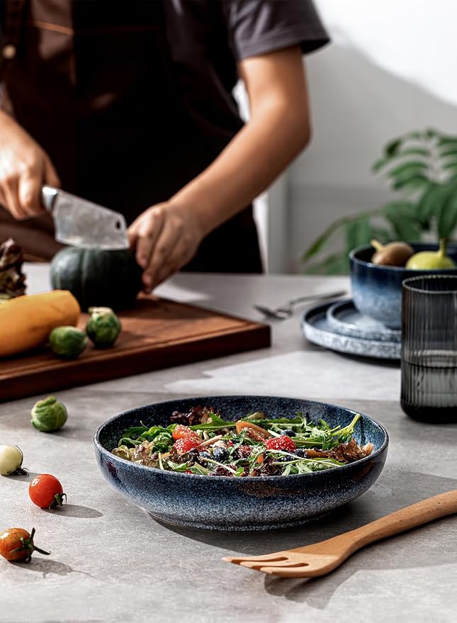 S&Q'S CERAMICS Large Serving Bowls Set of 4, 65 oz Wide Shallow Plates, Pasta Serving Dishes for Party, Entertaining, Microwave Safe (Dark Blue)