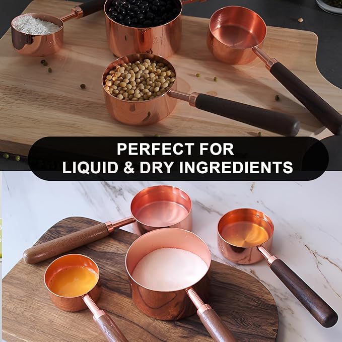 SHIKORI Rose Gold Measuring Cups and Spoons Set with Wood Handles-4PCS | Premium Stainless Steel Measuring Spoons and Measuring Cups Set, For Cooking and Baking in the Kitchen-Rose Gold-4Cups