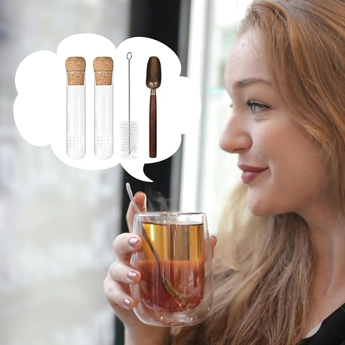 2 PCS Glass Loose Tea Infuser with Cork Lid Spoon Brush | Fine round filter holes, leaf-proof, reusable glass infuser, cork lid, tea spoon, cleaning brush, easy clean