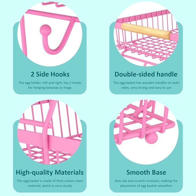 3 Tier Fruit Basket for Kitchen Counter with 2 Banana Hangers, Countertop Metal Fruit Bowl with Wooden Handle, Large Storage Stand for Vegetables, Snacks, Breads, Produce Storage – Rose Pink