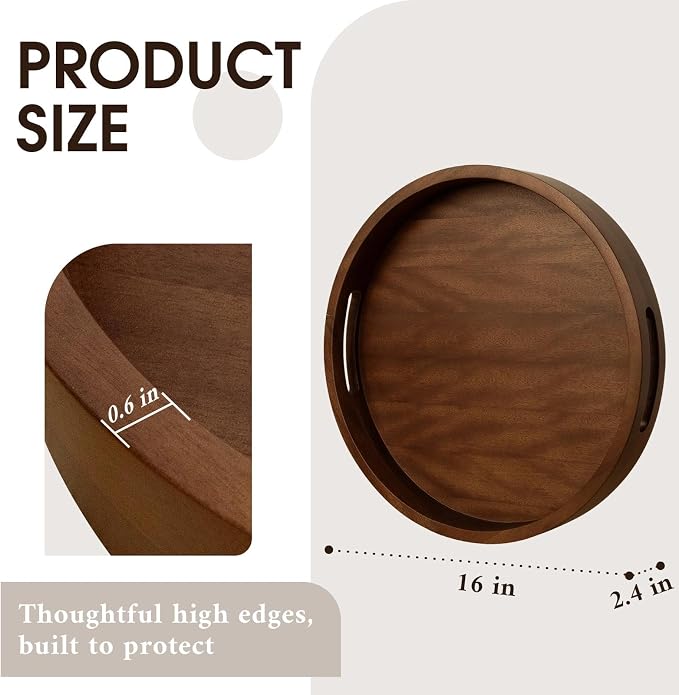 Extra Large Ottoman Tray, 16" Round Black Walnut Wood Serving Tray | Farmhouse Wooden Decorative Tray with Handles, Oversized Coffee Table Tray, Serving Platter Tray for Living Room, Countertop
