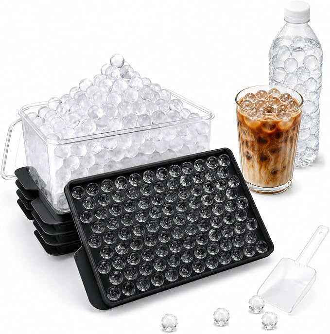 Mini Ice Cube Trays with Lid & Bin, Tiny Pebble Ice Balls for Coffee | Make 416 Mini Ice Balls with 4 Trays, Easy Release, Stackable, Scoop Included, for Iced Coffee, Drinks and Daily Use