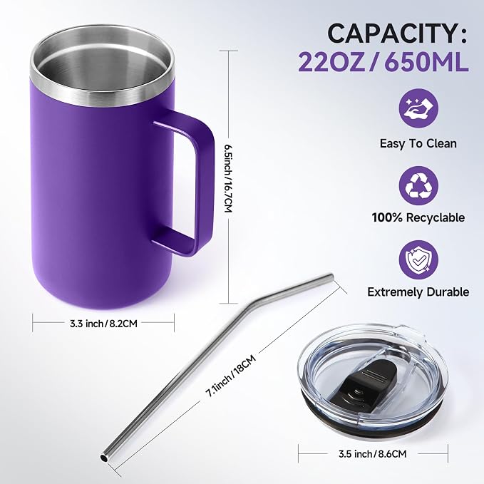 Volhoply 22oz Insulated Stainless Steel Coffee Mug with Leakproof Lid,Double Wall Vacuum Travel Coffee Cup with Handle,Reusable Metal Tumbler,Camping Mugs Keep Hot&Cold(Purple,1)
