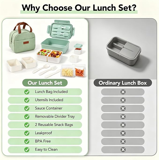 Bento Box 1100ml Lunch Container with Bag & Utensils & 2 Storage Bags Green | Leakproof, microwave safe, BPA-free. Includes insulated bag, fork & spoon, sauce cup, and 2 reusable storage bags for snacks