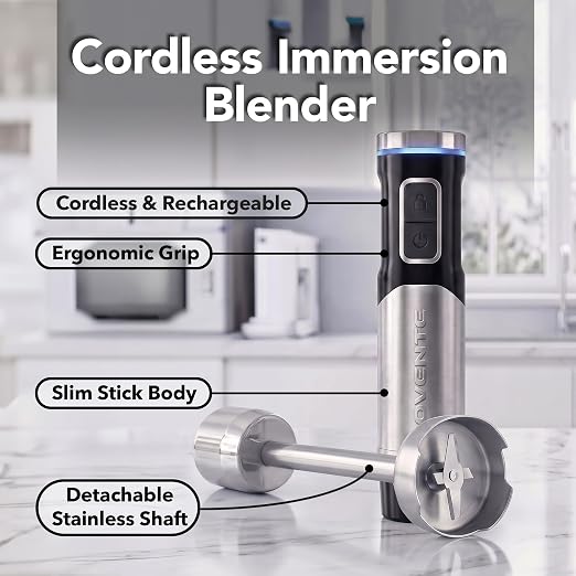 OVENTE Cordless Hand Blender, Rechargeable with 8 Mixing Speed Black HR981B | 200 Watts Handheld Portable Stick Mixer, One-Touch Control and Stainless Steel Blades for Smoothies, Shakes or Soups