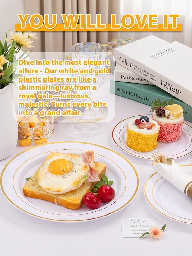 175PCS White and Gold Plastic Plates - Gold Plates with Rolled Napkins for Party - 25Guest Disposable Dinnerware Sets for Wedding/Baby Shower/Birthday