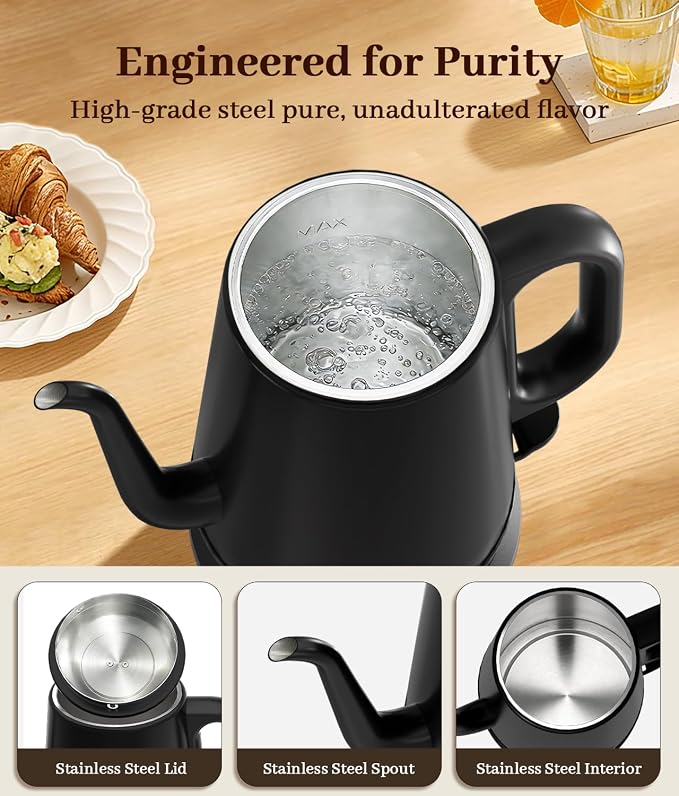 Gooseneck Electric Kettle 1L, 1000W, Pour-Over Coffee & Tea | Precise Flow Spout, 304 Stainless Steel, BPA-Free, Fast Boiling, Auto Shut-Off & Boil-Dry Protection, Retro Design (Black)