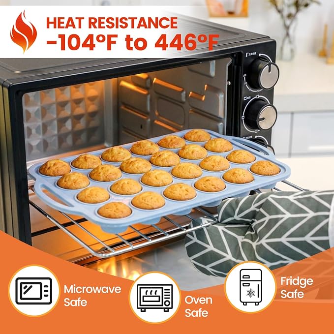 Mini Cupcake Pans, Metal Reinforced Frame Silicone Mini Muffin Pan 24 Cups | 1 Pack, with Handle, BPA Free, Nonstick, Oven Dishwasher Safe, Food-Grade Silicone, Heat-resistant: -104°F to 446°F