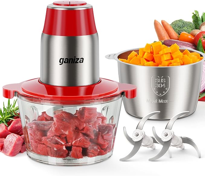 Ganiza Food Processors with 2 Bowls, 450W Meat Grinder Vegetable Chopper | 2-Speed Electric Food Chopper with 8 Cup Glass & 8 Cup Stainless Steel Bowls -Includes 2 Sets of Blades for Fruits/Meat/Nuts
