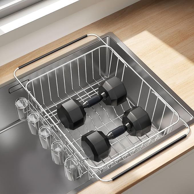 Fanbsy Dish Drying Rack in Sink, Extendable Stainless Steel Dish Drainers for Kitchen Counter, Anti-Rust Dish Dryer Rack with Utensil & Cup Holders, for Inside Sink, Over The Sink