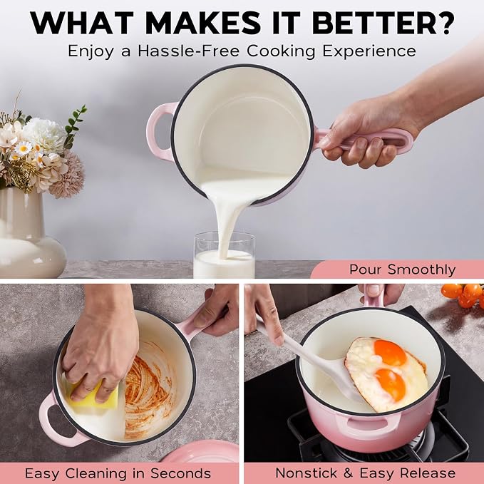 Onader 1QT Enameled Cast Iron Saucepan with Lid, Small Sauce Pan, Enamel Cast Iron Dutch Oven Cooking Kitchen Pot, Nonstick – Pink